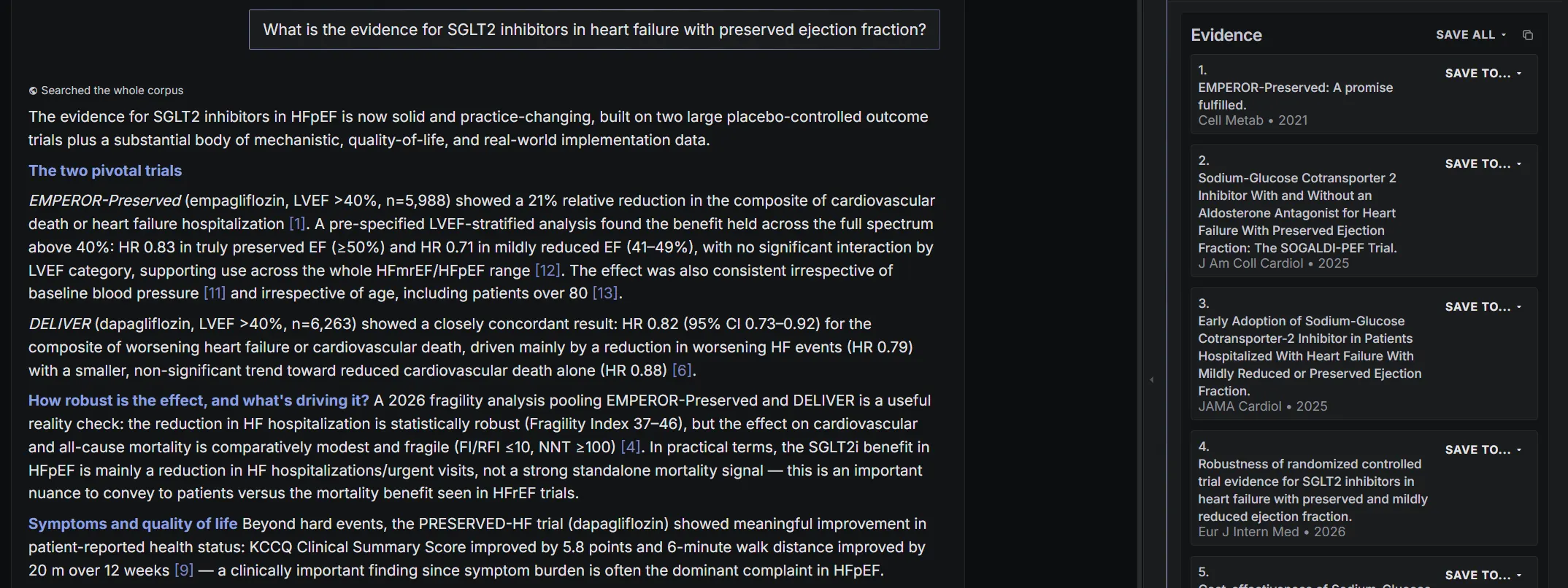 A real Lunas answer to the clinical question 'What is the evidence for SGLT2 inhibitors in heart failure with preserved ejection fraction?'. The answer summarises the two pivotal trials, EMPEROR-Preserved and DELIVER, with hazard ratios and confidence intervals, and every claim carries an inline numbered citation linking to the record it came from. The evidence panel on the right lists the sources those numbers point to by name and journal: EMPEROR-Preserved in Cell Metabolism, the SOGALDI-PEF trial in the Journal of the American College of Cardiology, an early-adoption study in JAMA Cardiology, and a robustness analysis in the European Journal of Internal Medicine, with further sources below the crop.