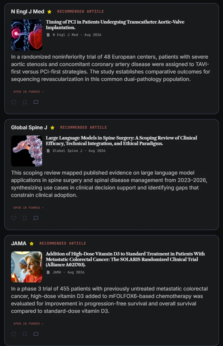 The Lunas feed showing three recommended journal articles: a New England Journal of Medicine trial on the timing of PCI in patients undergoing transcatheter aortic-valve implantation, a Global Spine Journal scoping review of large language models in spine surgery, and a JAMA randomized trial adding high-dose vitamin D3 to chemotherapy for metastatic colorectal cancer. Each card shows the journal, publication date, a one-paragraph summary and a link to the record on PubMed.